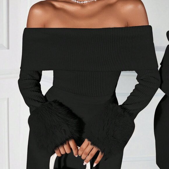 Black Casual Women's Patchwork Furry Cuff Off Shoulder Fitted Blouse - Picture 1 of 6